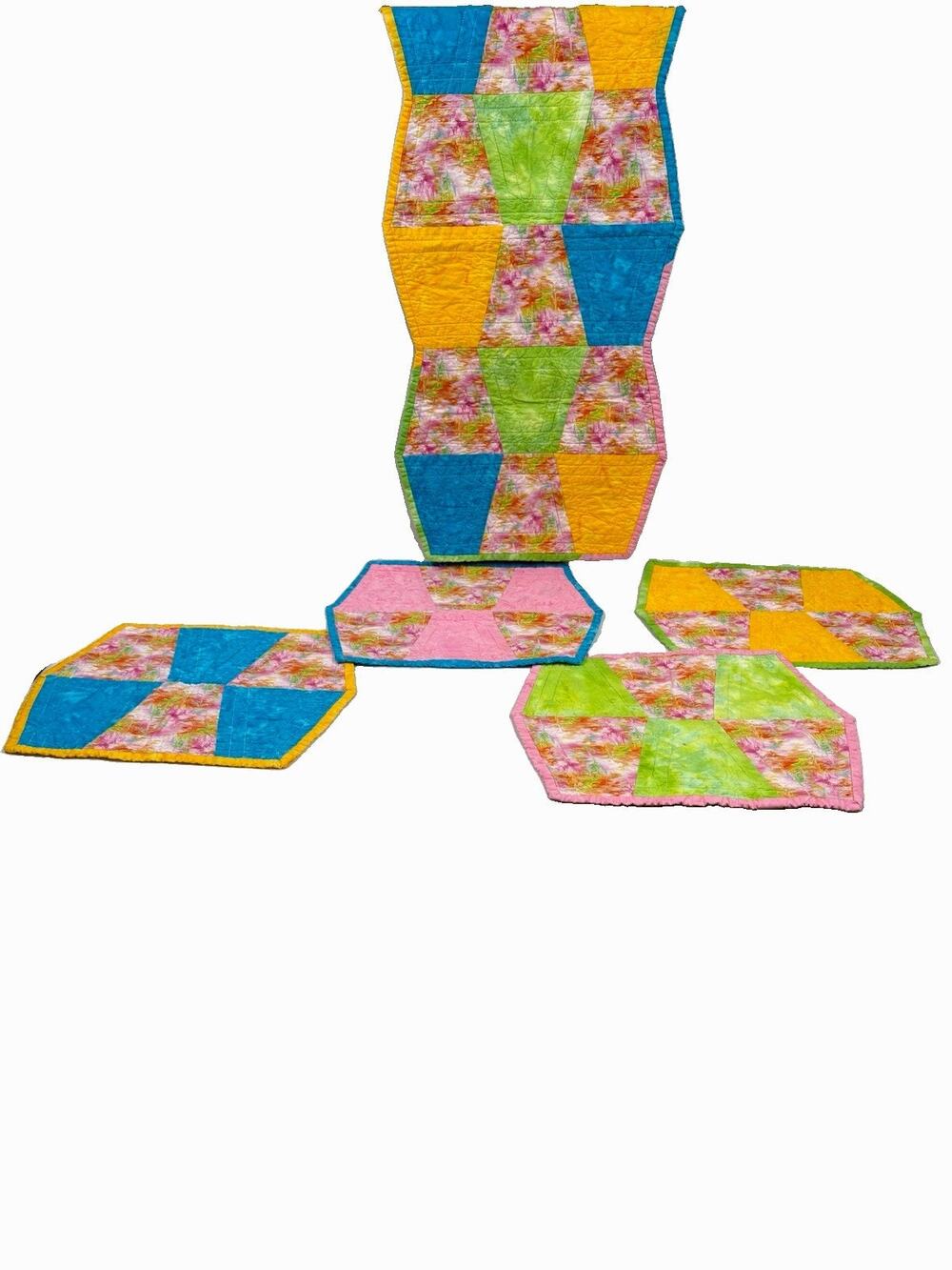 Handmade/ Quilted Mulitcolor And Pattern Set Of 4 Placemats W/ Matching Runner